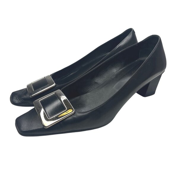 Roger Vivier Belle Vivier Buckle Pump Heels Leather  Black Block Heal Size 9.5 - Picture 1 of 12